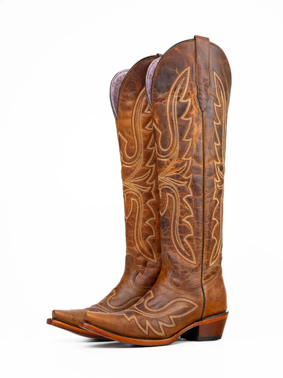 Distressed Honey Snip-Toe Half-Zip Classic Embroidery Knee High Cowgirl Boots