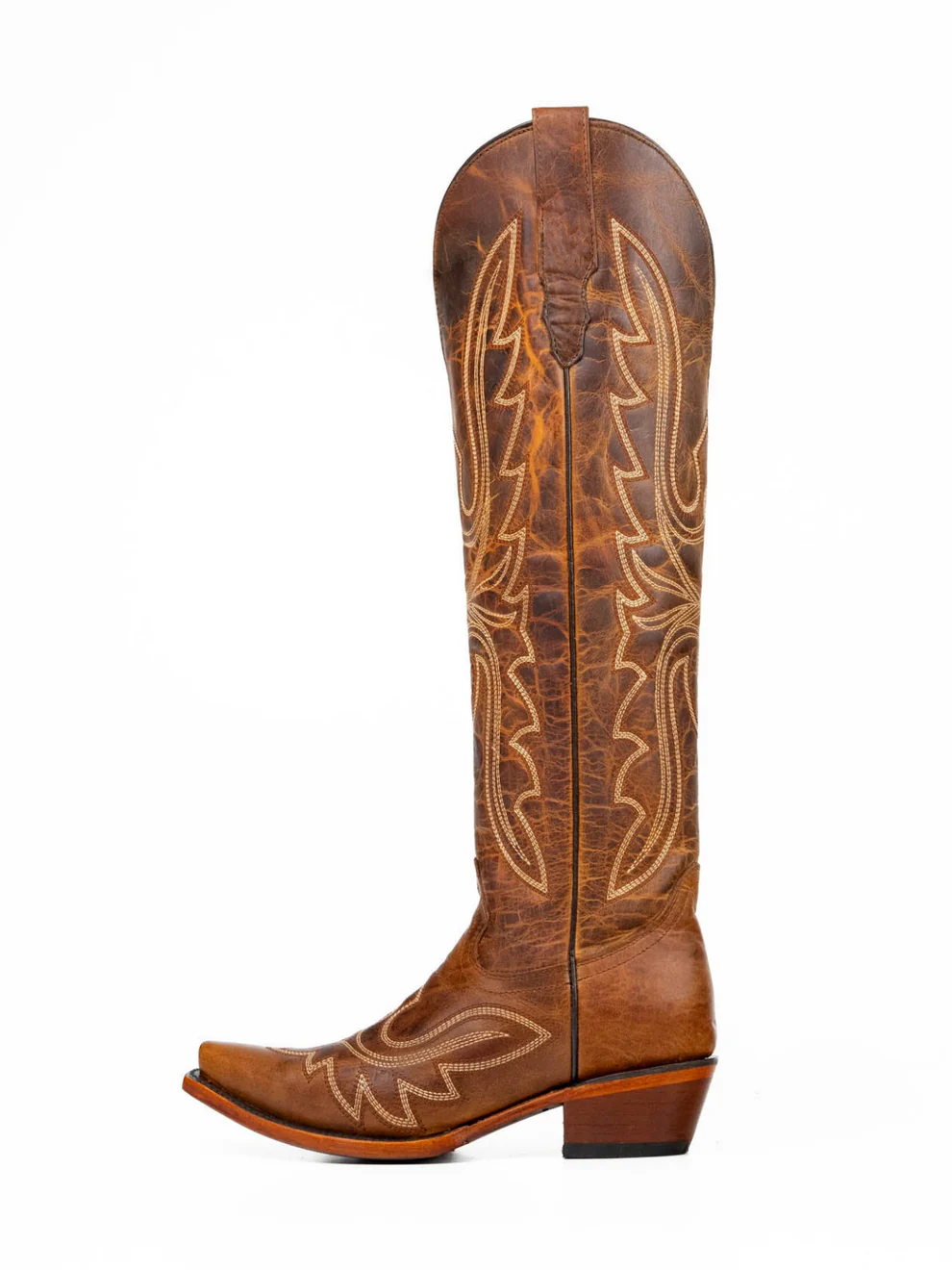 Distressed Honey Snip-Toe Half-Zip Classic Embroidery Knee High Cowgirl Boots