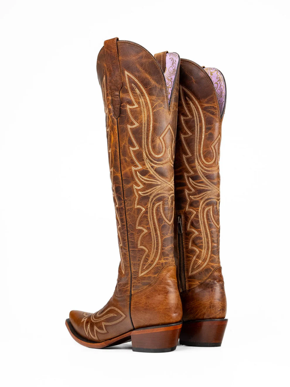 Distressed Honey Snip-Toe Half-Zip Classic Embroidery Knee High Cowgirl Boots