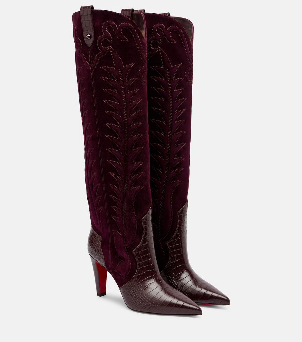 Burgundy Patchwork Pointed Toe Boots