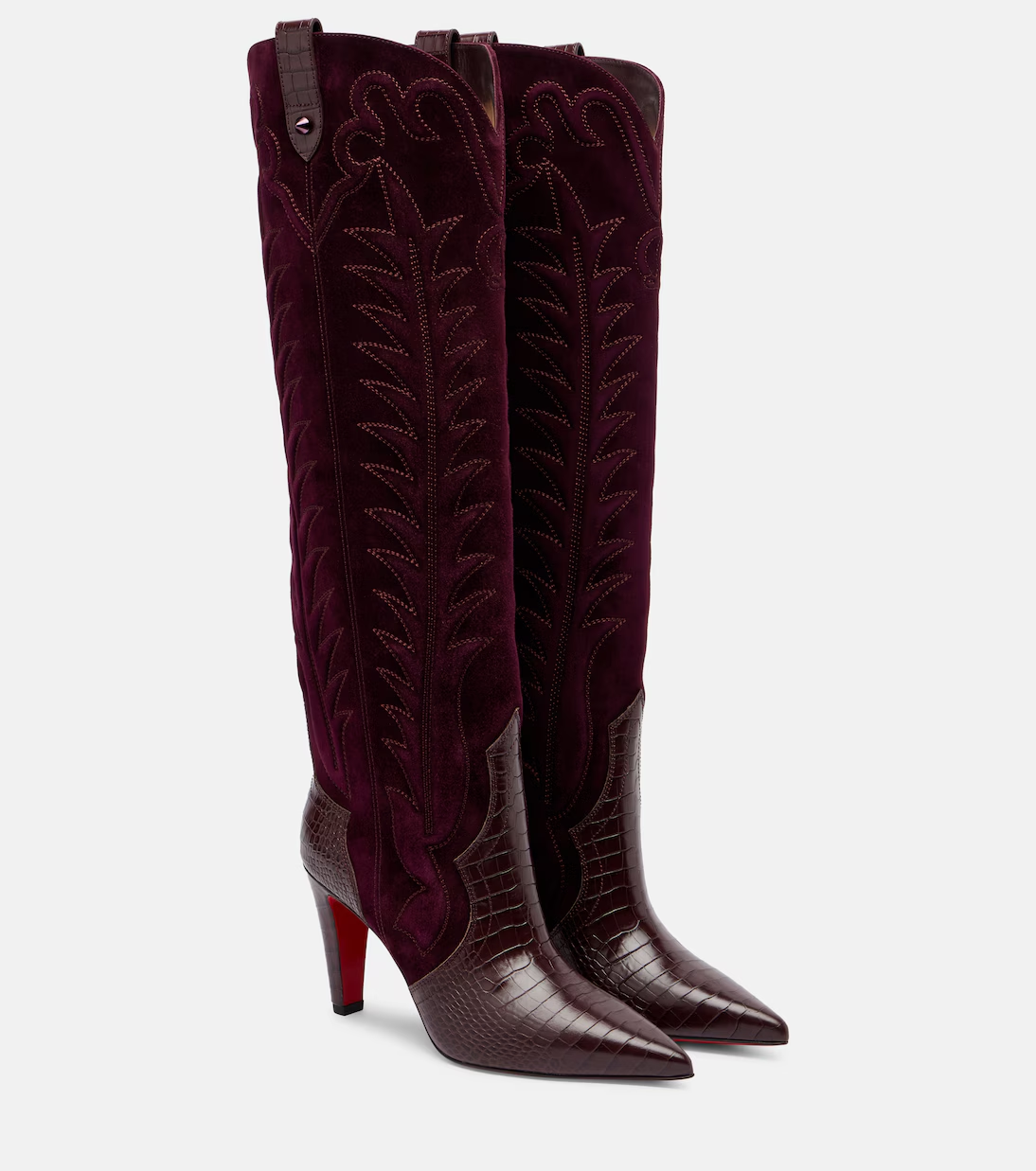 Burgundy Patchwork Pointed Toe Boots