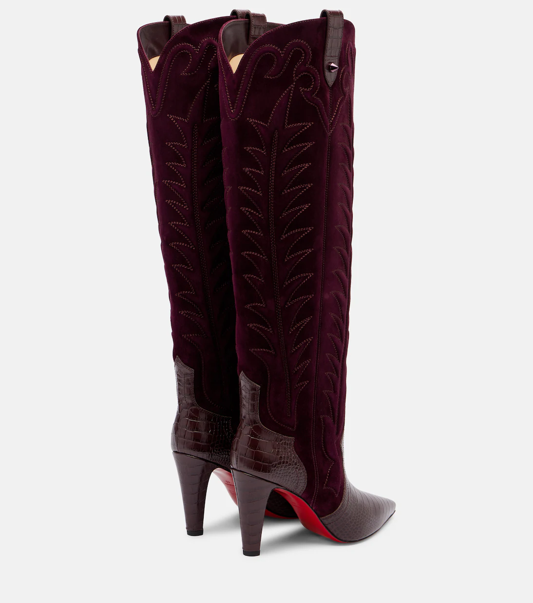 Burgundy Patchwork Pointed Toe Boots