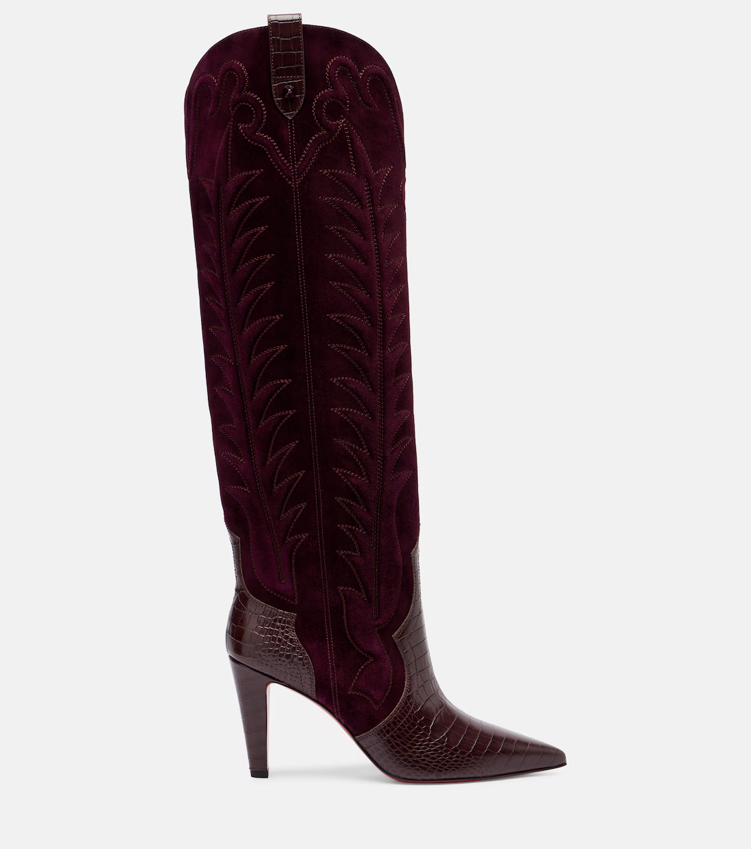 Burgundy Patchwork Pointed Toe Boots