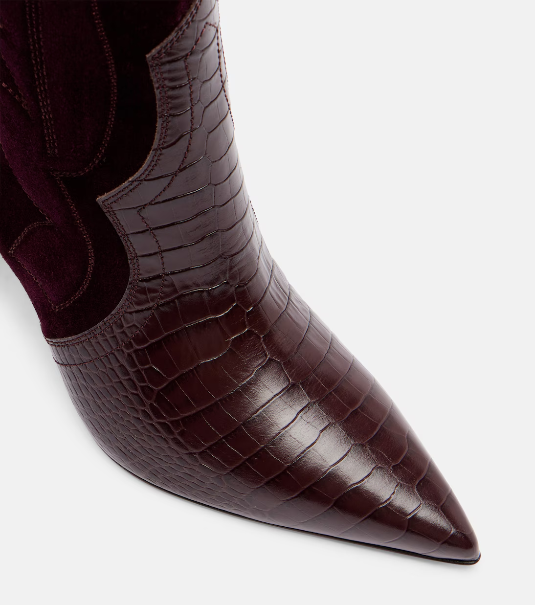 Burgundy Patchwork Pointed Toe Boots