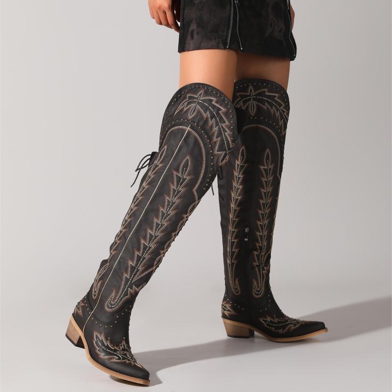 Thigh High Wide Calf Embroidered Western Cowgirl Boots