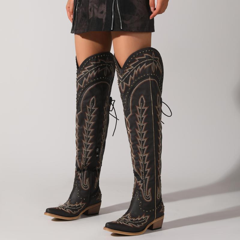 Thigh High Wide Calf Embroidered Western Cowgirl Boots