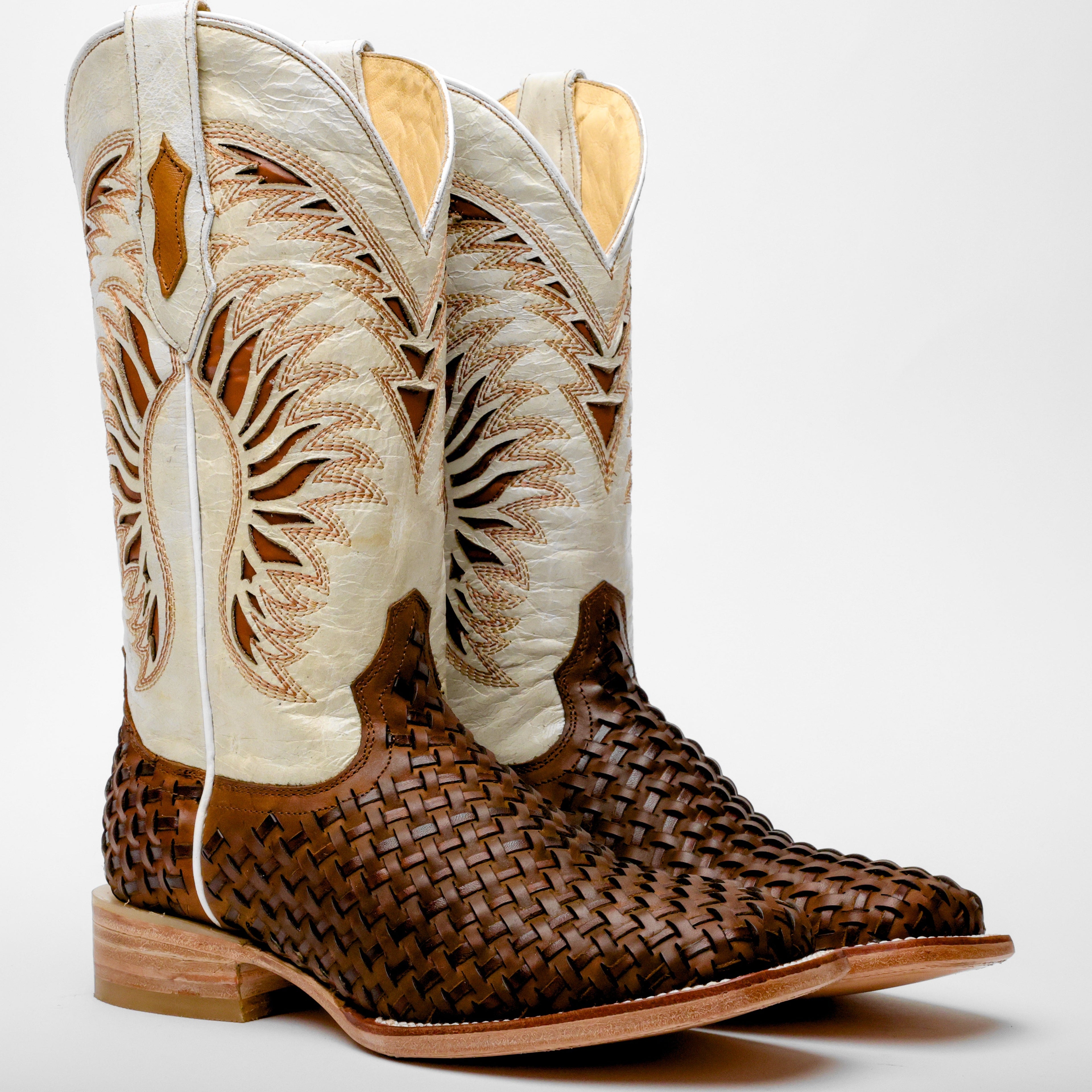 Tan Basketweave Leather Boots - Square Toe
