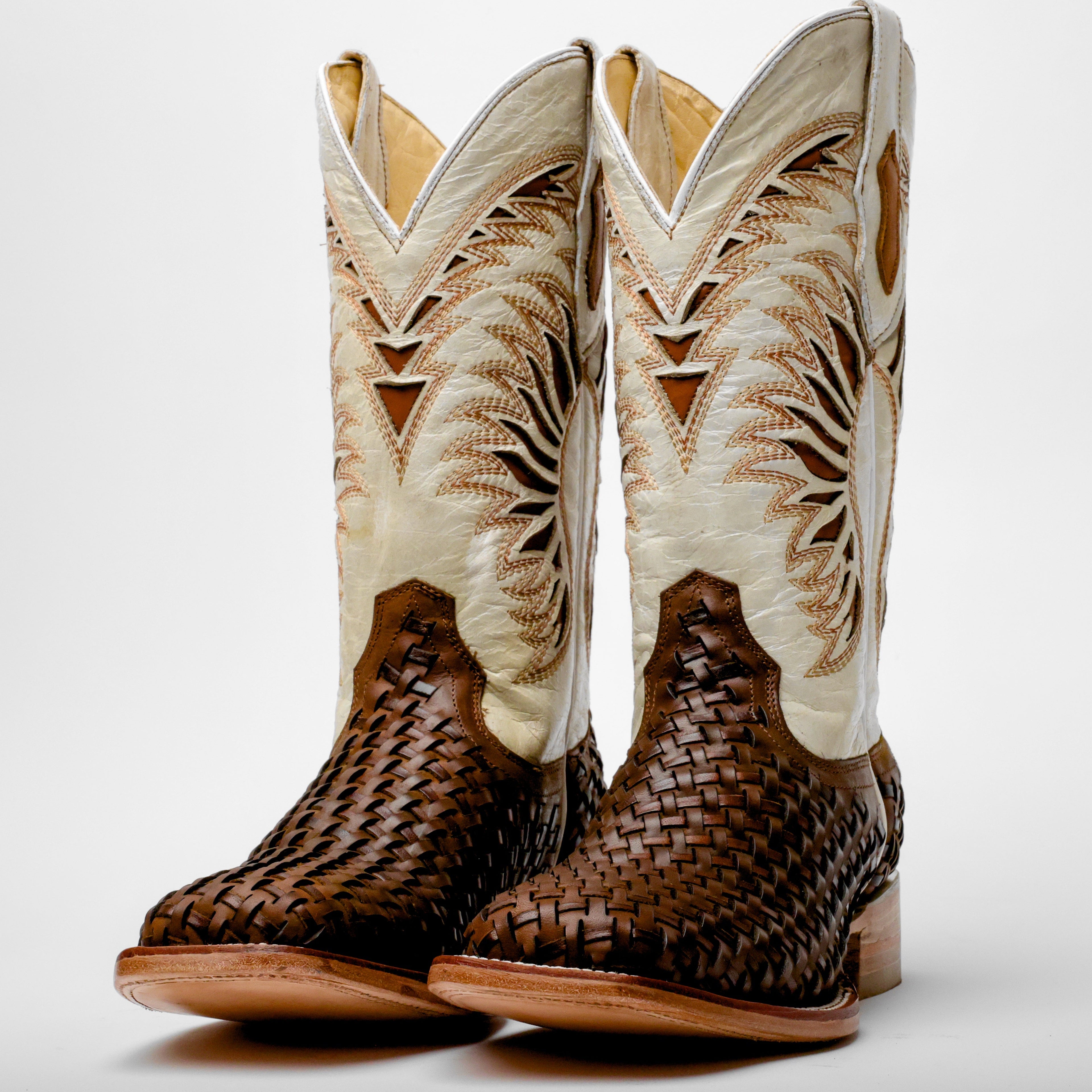 Tan Basketweave Leather Boots - Square Toe