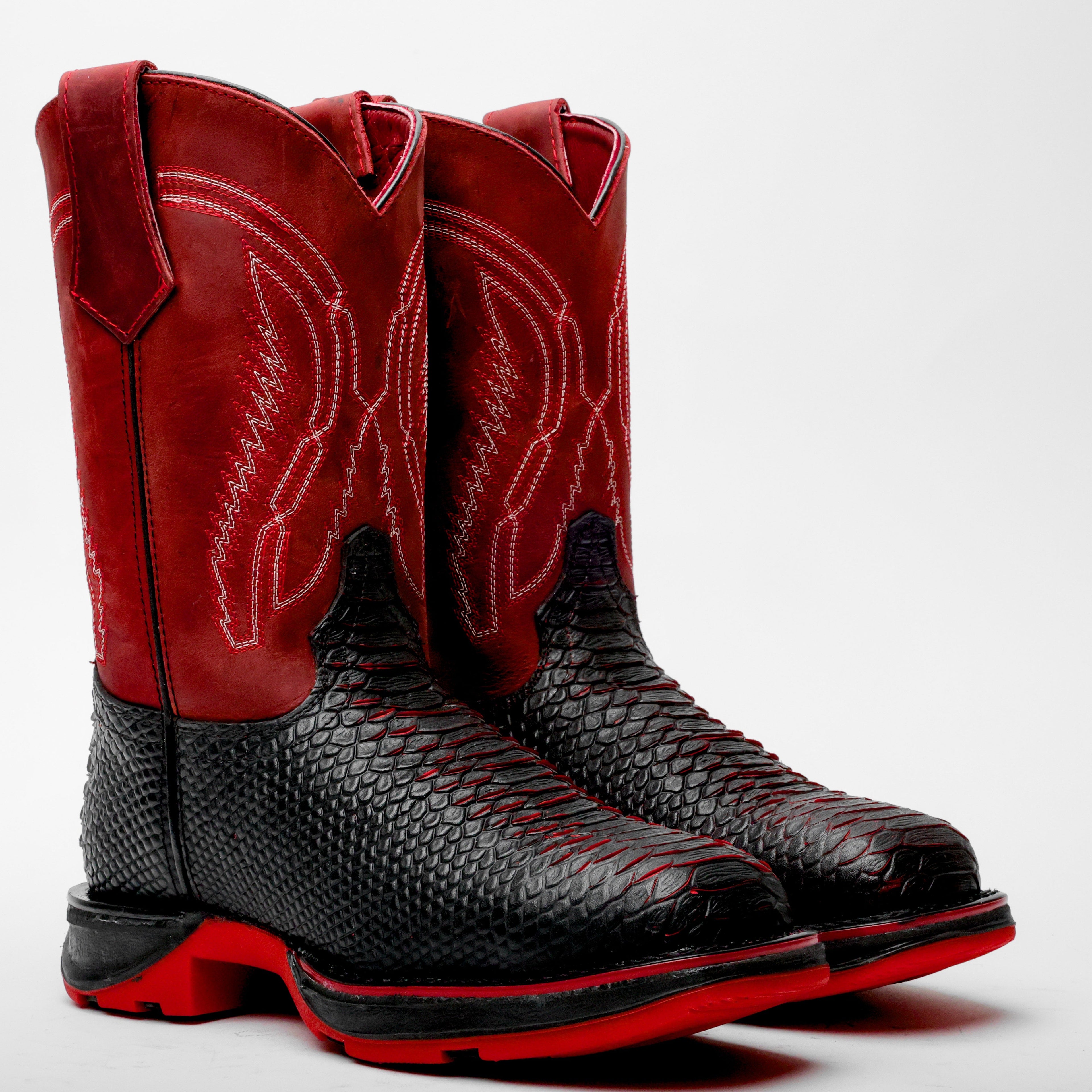 Black/Red Python Leather Boots With 3D Lightweight Sole - Composite Toe