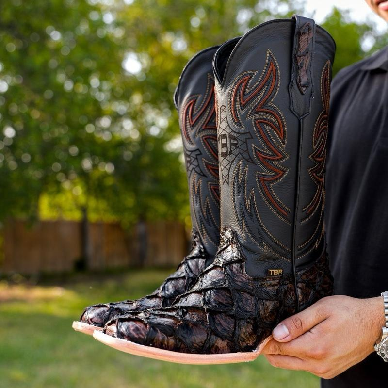 Chocolate Brown Jumbo Pirarucu Leather Boots - Square Toe