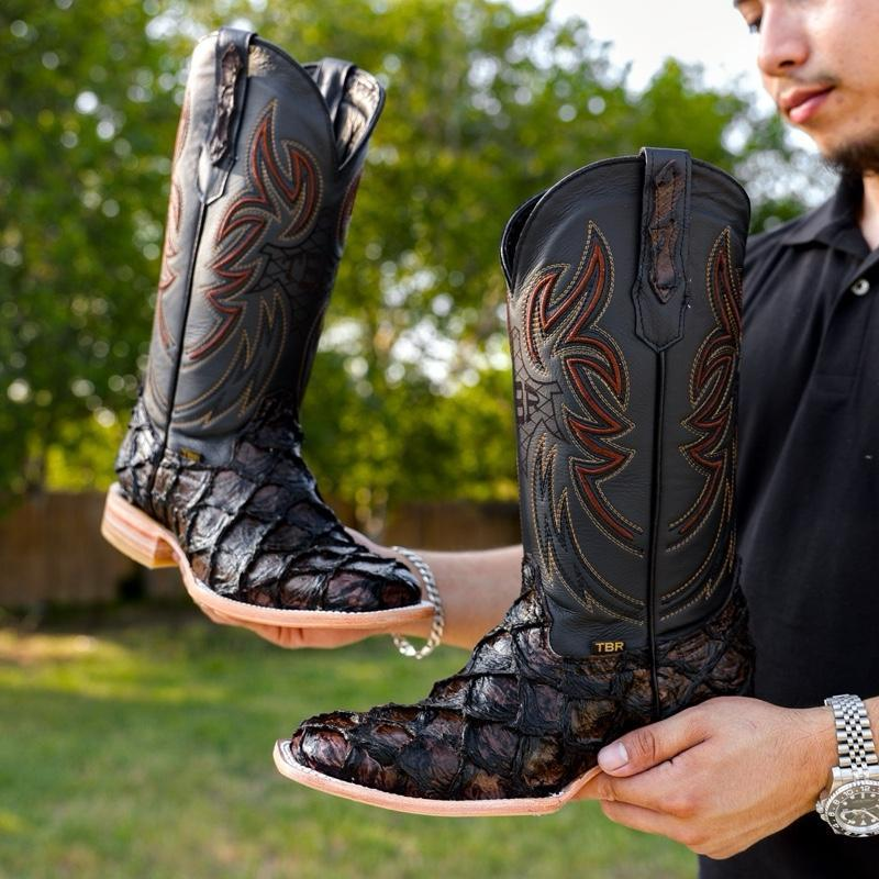 Chocolate Brown Jumbo Pirarucu Leather Boots - Square Toe