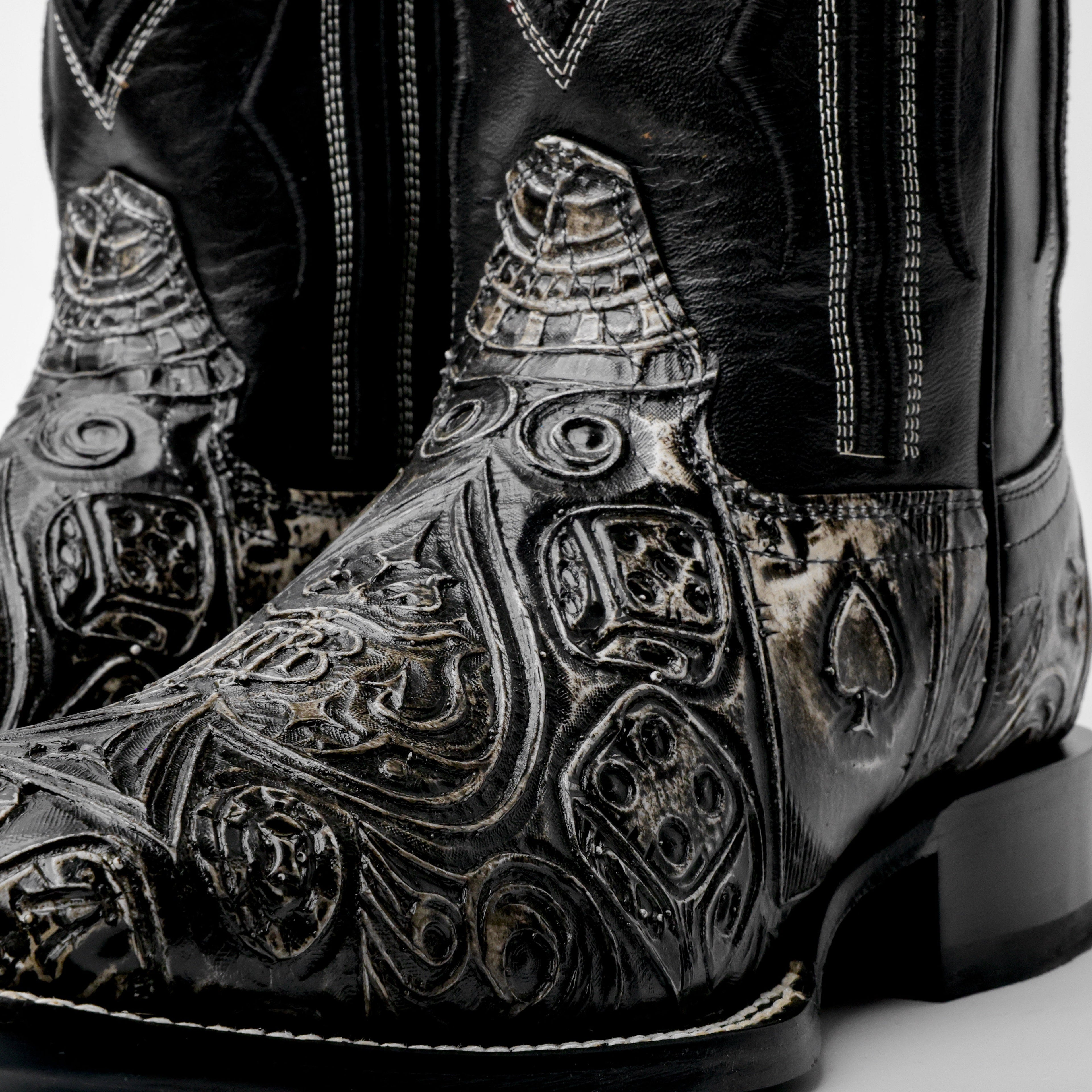 “Ace Of Spades” Grey/Black Leather Boots - Square Toe