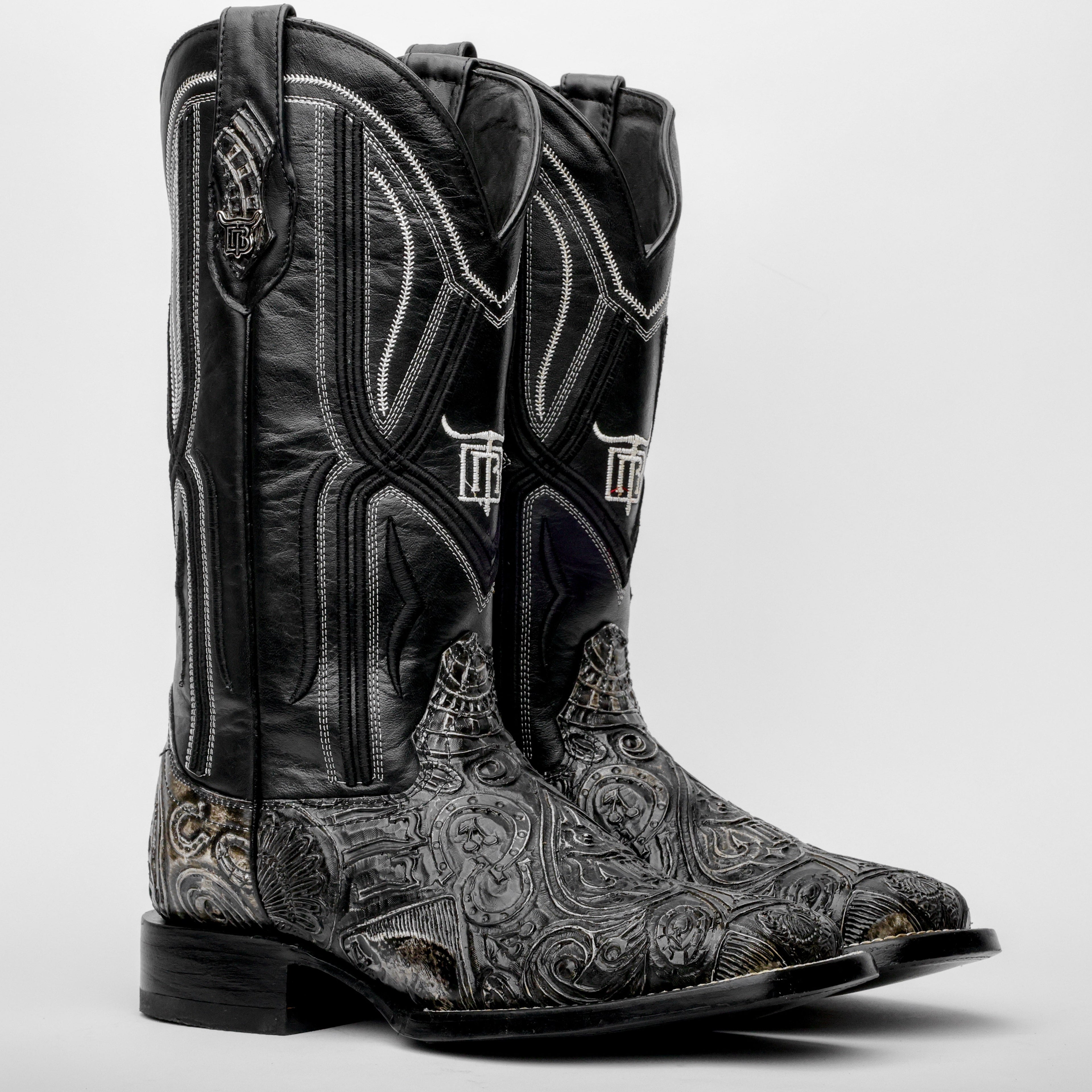 “Ace Of Spades” Grey/Black Leather Boots - Square Toe