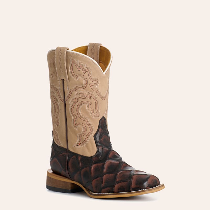Tobacco & Tan Pirarucu Print Wide Square Toe Cowboy Boots
