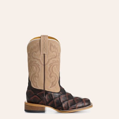 Tobacco & Tan Pirarucu Print Wide Square Toe Cowboy Boots