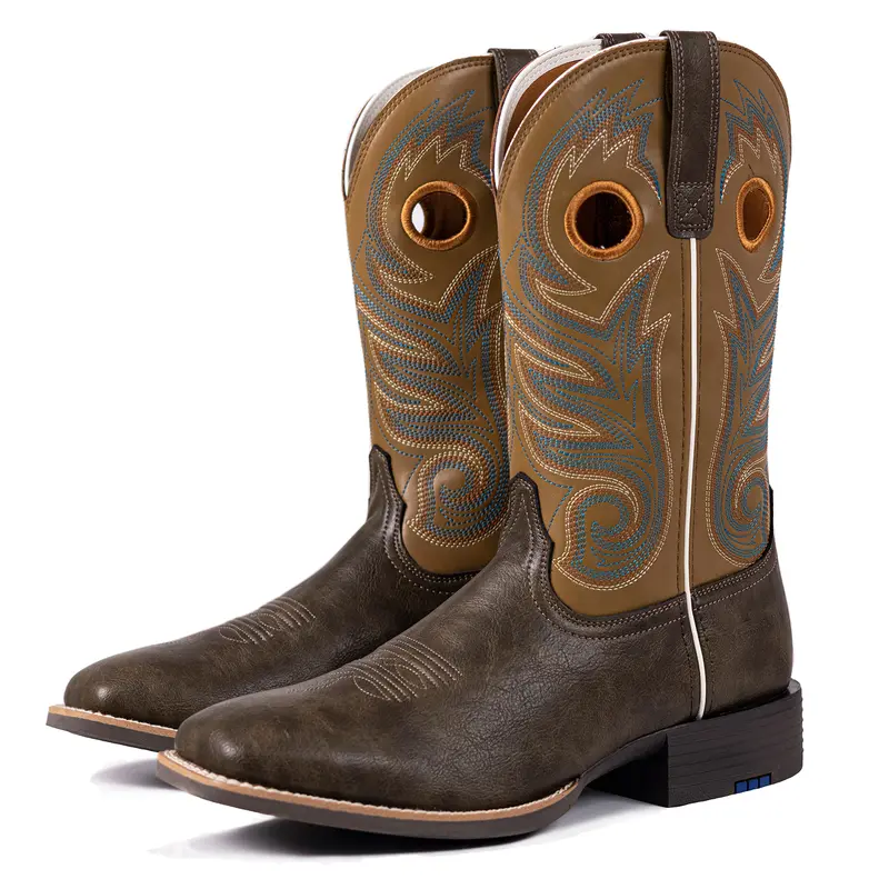 Western-Style Classic Embroidered Chunky Heel Flat-Toe Boots, Soft Leather