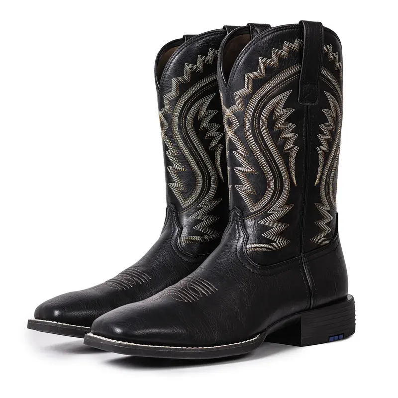 Western-Style Classic Embroidered Chunky Heel Flat-Toe Boots, Soft Leather