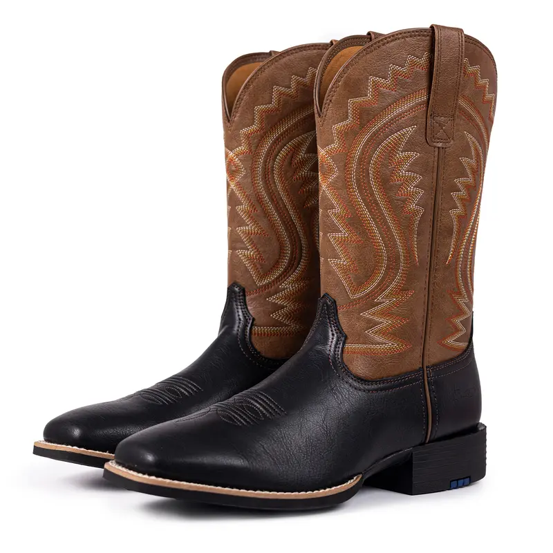 Western-Style Classic Embroidered Chunky Heel Flat-Toe Boots, Soft Leather