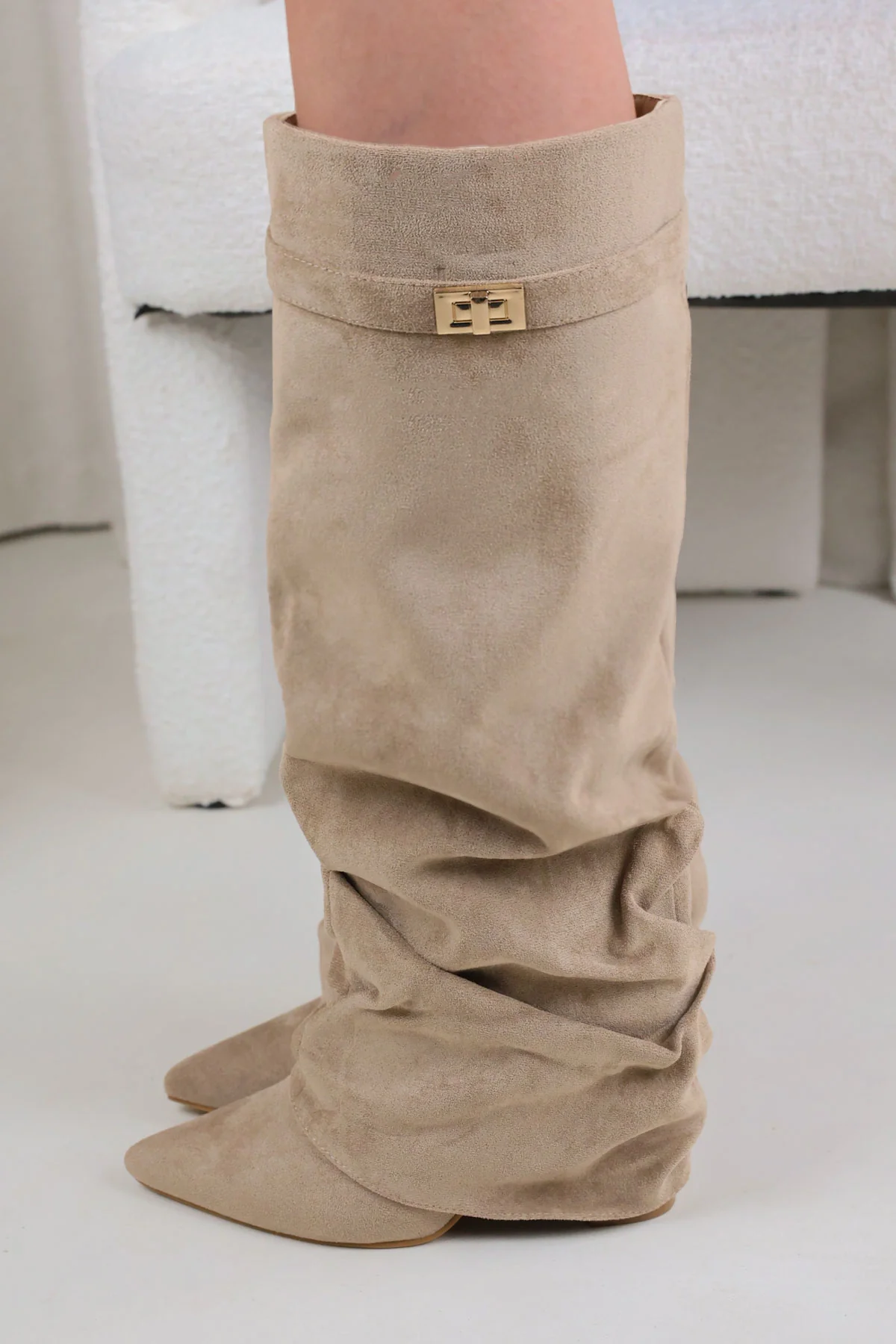 Beige Faux Suede Padlock Fold Over Knee High Boots