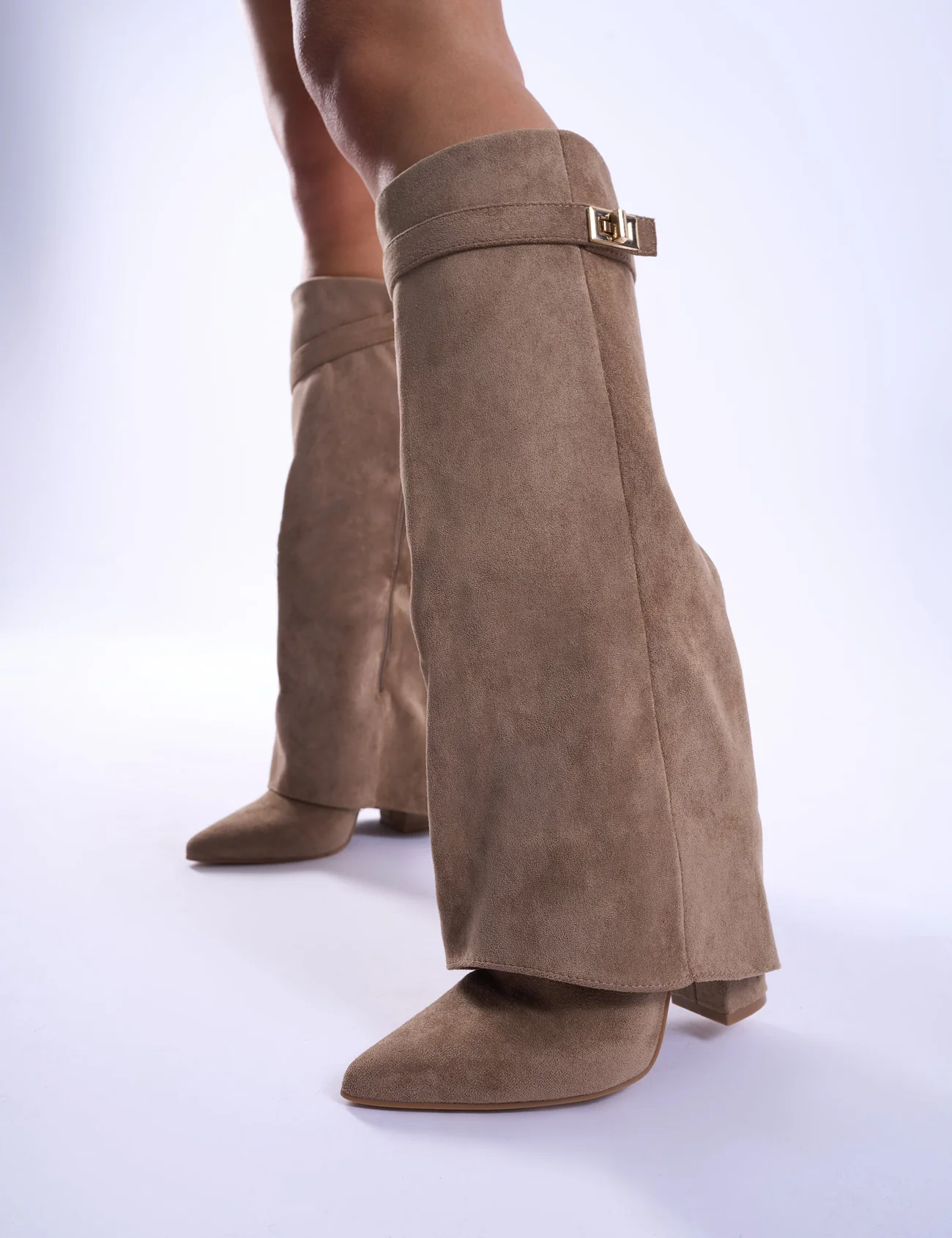 Beige Faux Suede Padlock Fold Over Knee High Boots