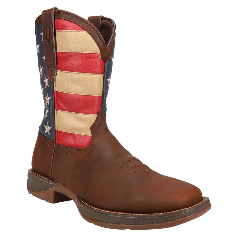 Mens Patriotic Pull On Western Flag Square Toe Casual Boots Mid Calf - Brown