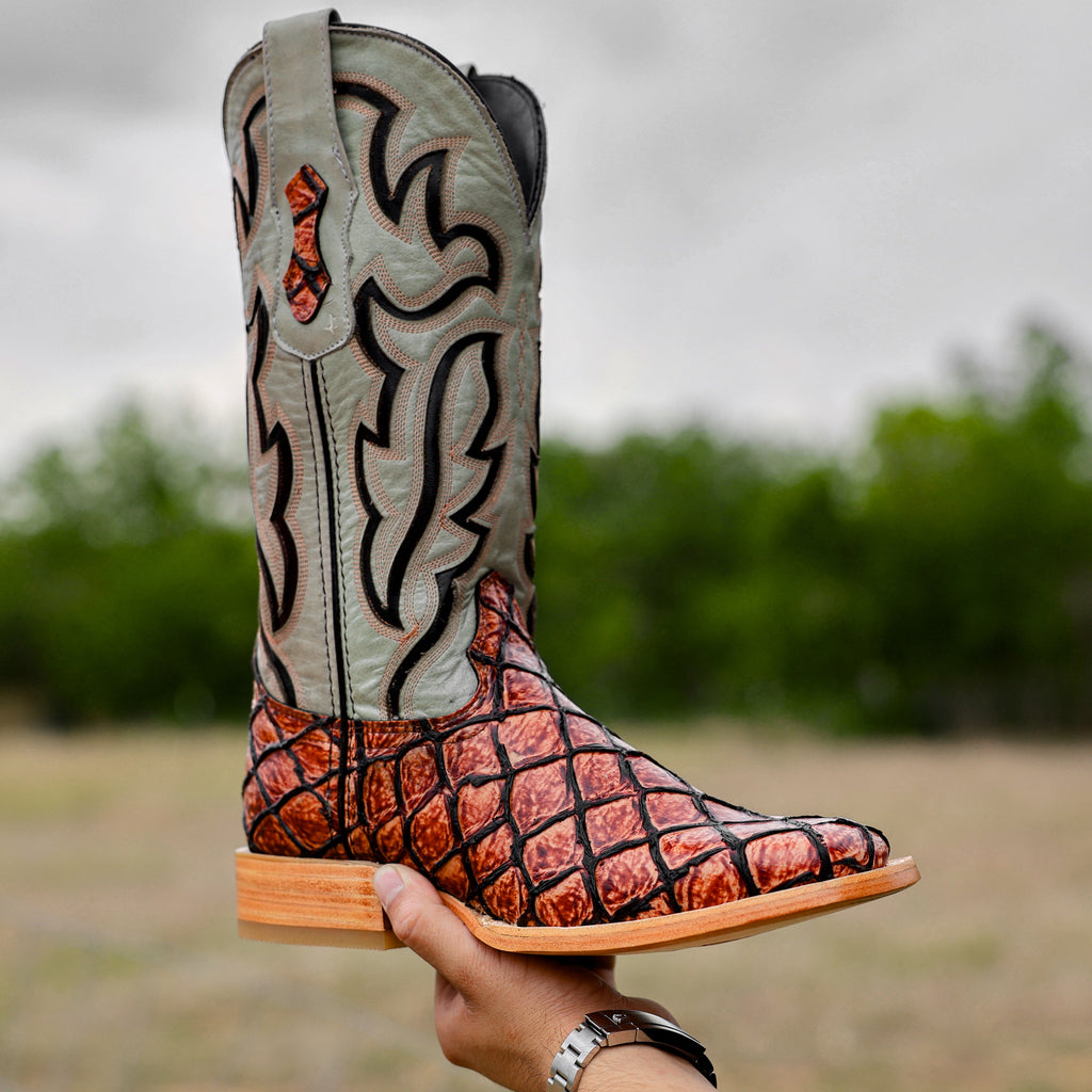 Cognac Pirarusu Leather Boots - Square Toe