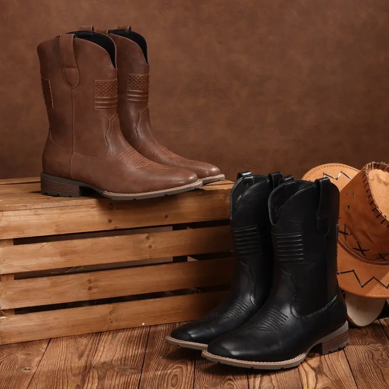 Western Cowboy Boots With Flag - Square Toe