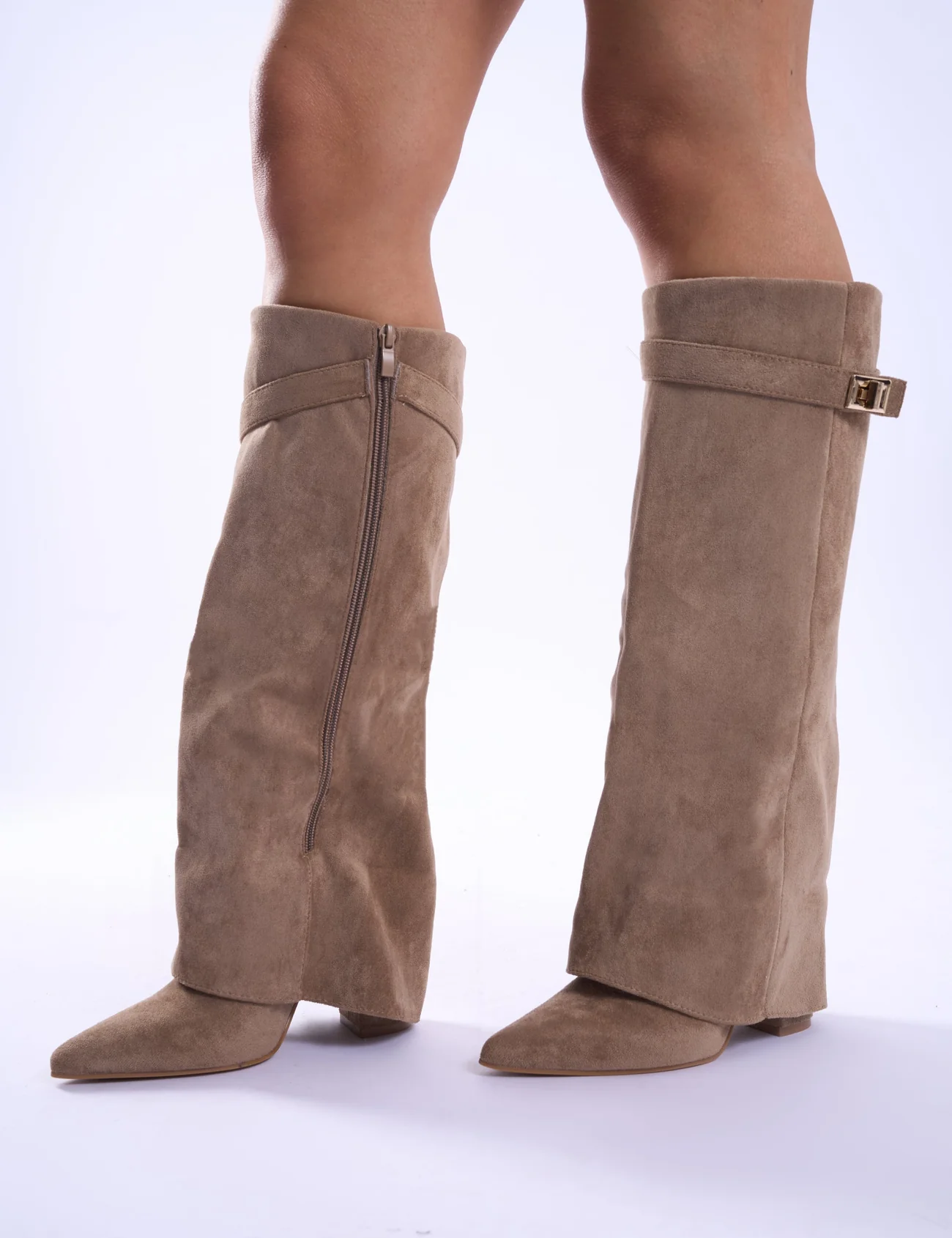 Beige Faux Suede Padlock Fold Over Knee High Boots