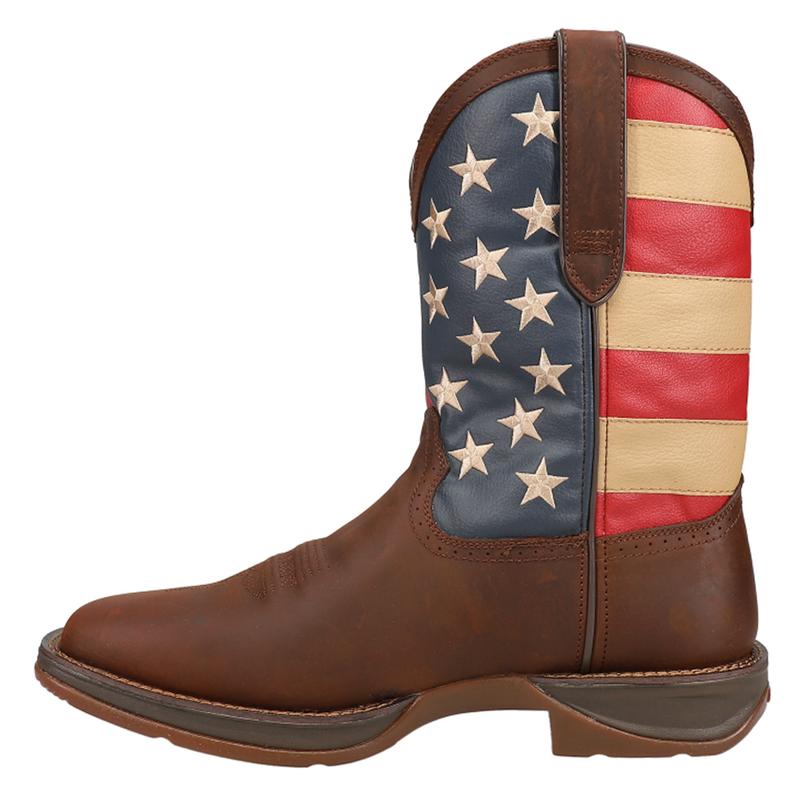 Mens Patriotic Pull On Western Flag Square Toe Casual Boots Mid Calf - Brown