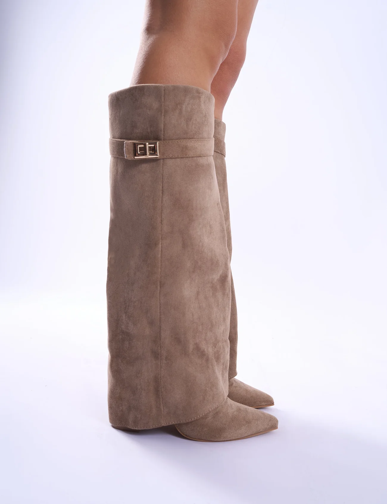 Beige Faux Suede Padlock Fold Over Knee High Boots