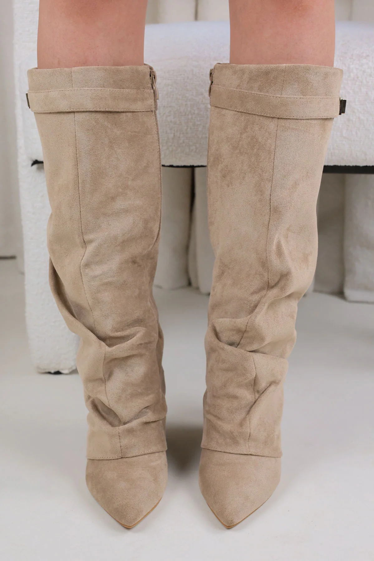 Beige Faux Suede Padlock Fold Over Knee High Boots