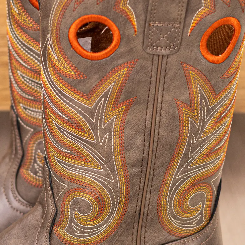 Western-Style Classic Embroidered Chunky Heel Flat-Toe Boots, Soft Leather