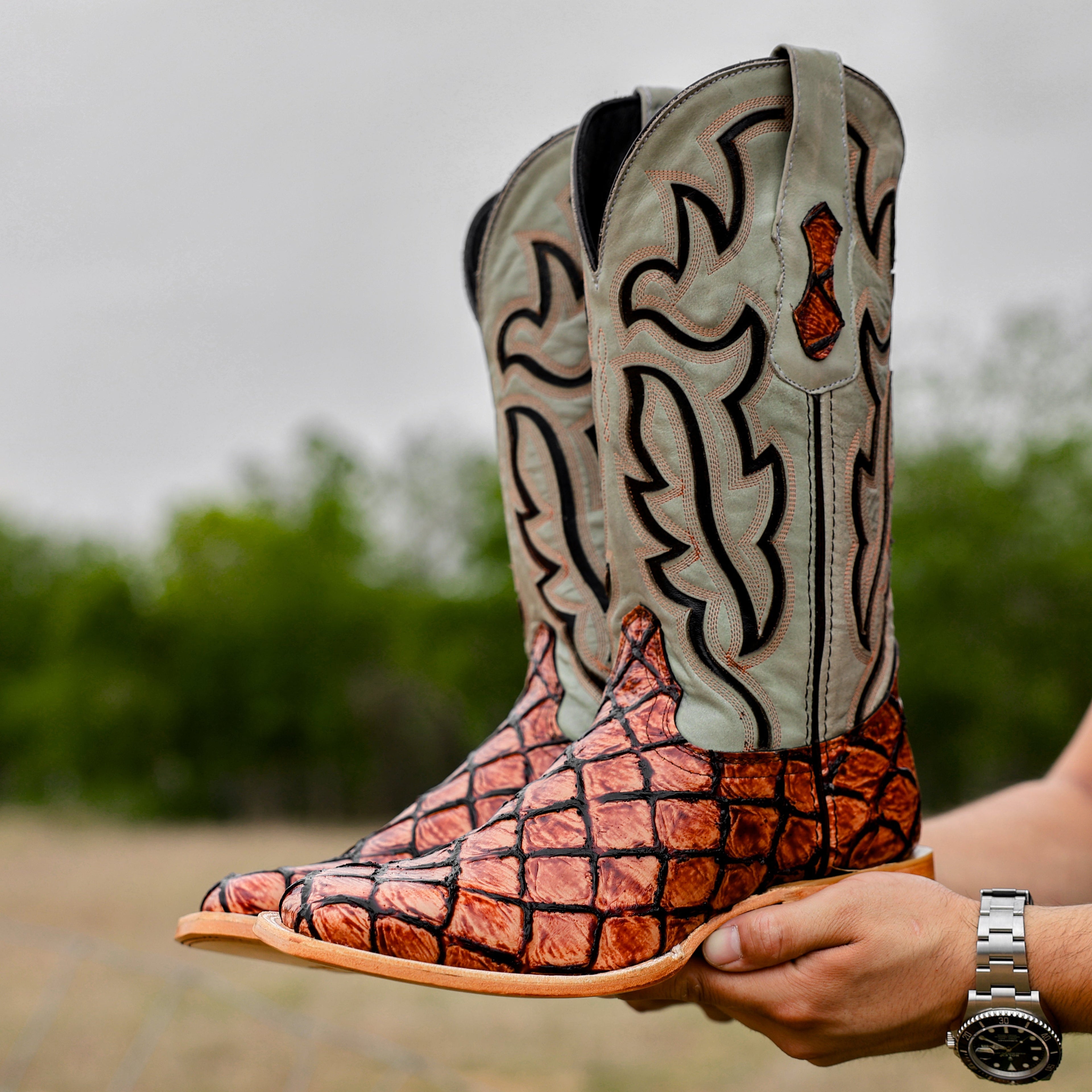 Cognac Pirarusu Leather Boots - Square Toe