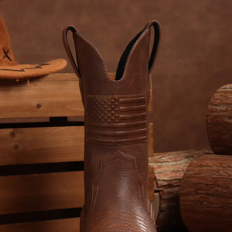 Western Cowboy Boots With Flag - Square Toe
