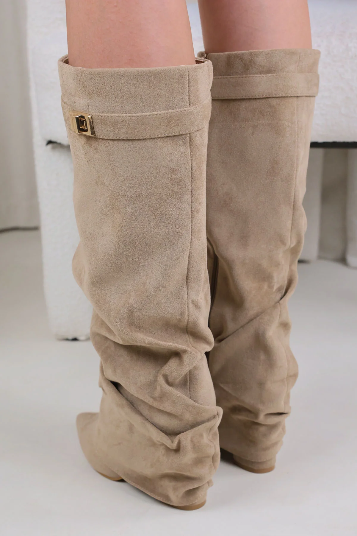 Beige Faux Suede Padlock Fold Over Knee High Boots