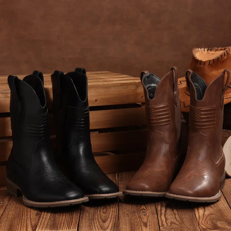 Western Cowboy Boots With Flag - Square Toe