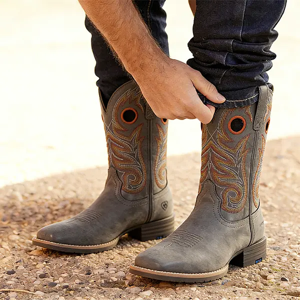 Western-Style Classic Embroidered Chunky Heel Flat-Toe Boots, Soft Leather