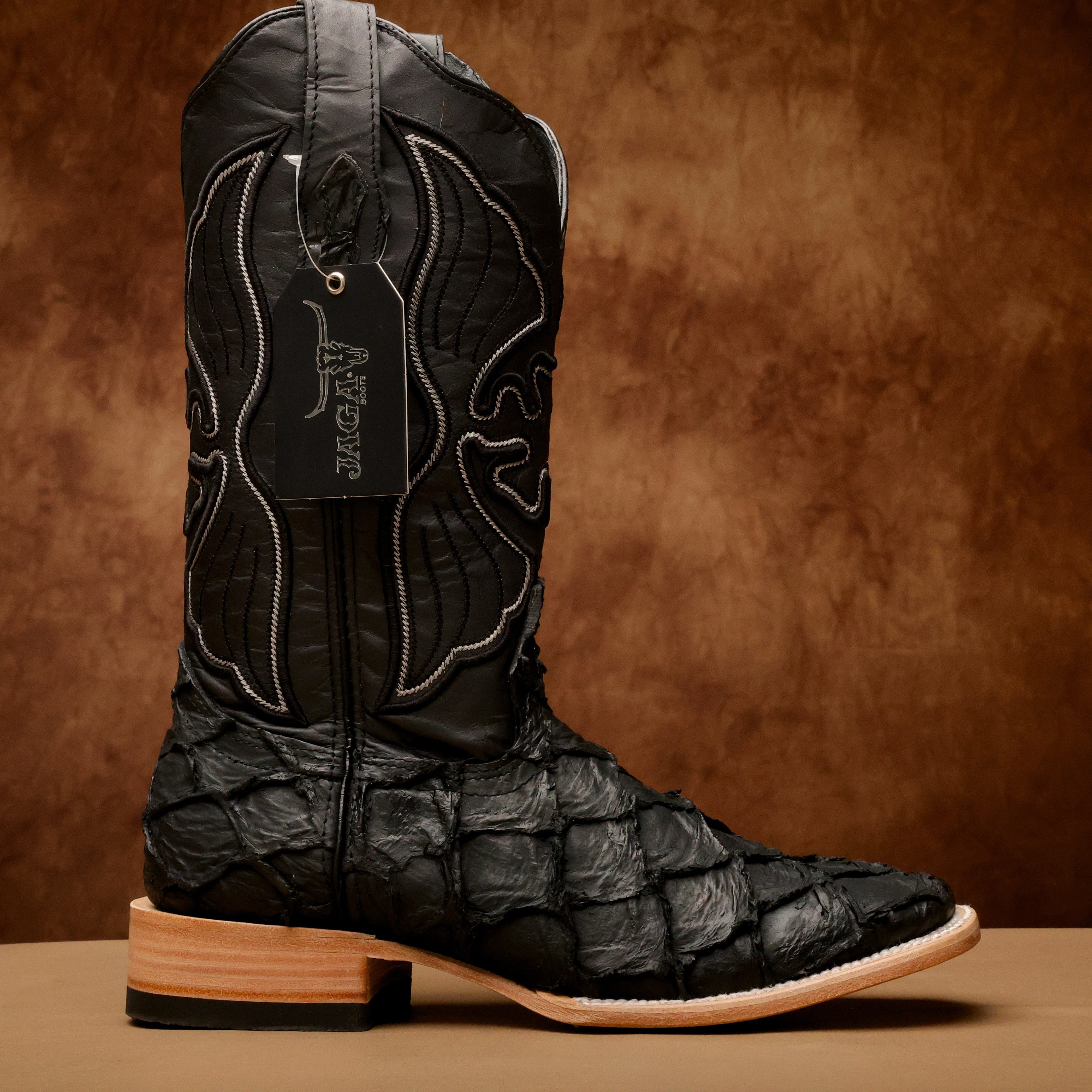 Matte Black Jumbo Pirarucu Leather Boots - Square Toe