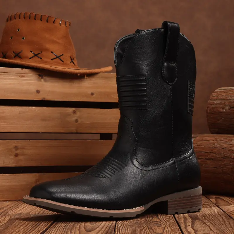 Western Cowboy Boots With Flag - Square Toe