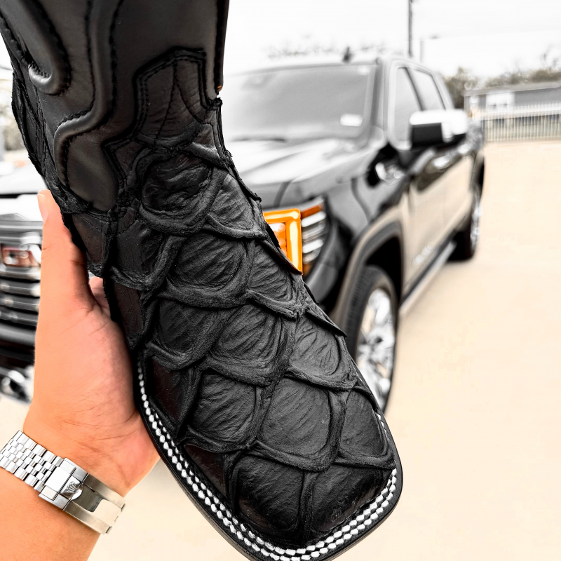 Matte Black Pirarucu Leather Boots - Square Toe
