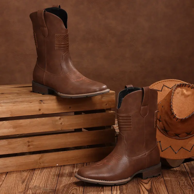 Western Cowboy Boots With Flag - Square Toe