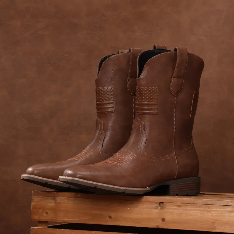 Western Cowboy Boots With Flag - Square Toe