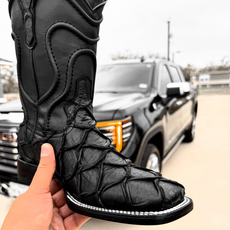 Matte Black Pirarucu Leather Boots - Square Toe