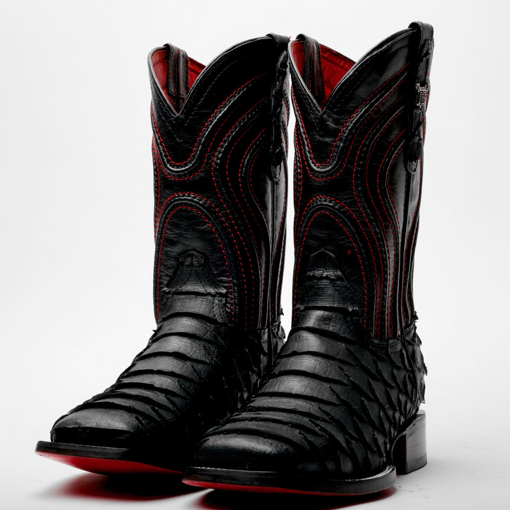 Matte Black Jumbo Python Leather Boots - Square Toe