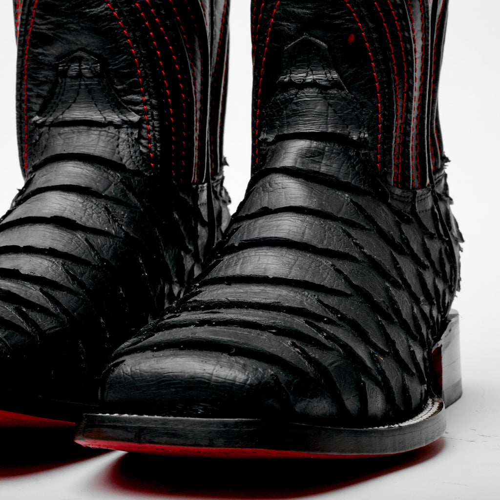 Matte Black Jumbo Python Leather Boots - Square Toe