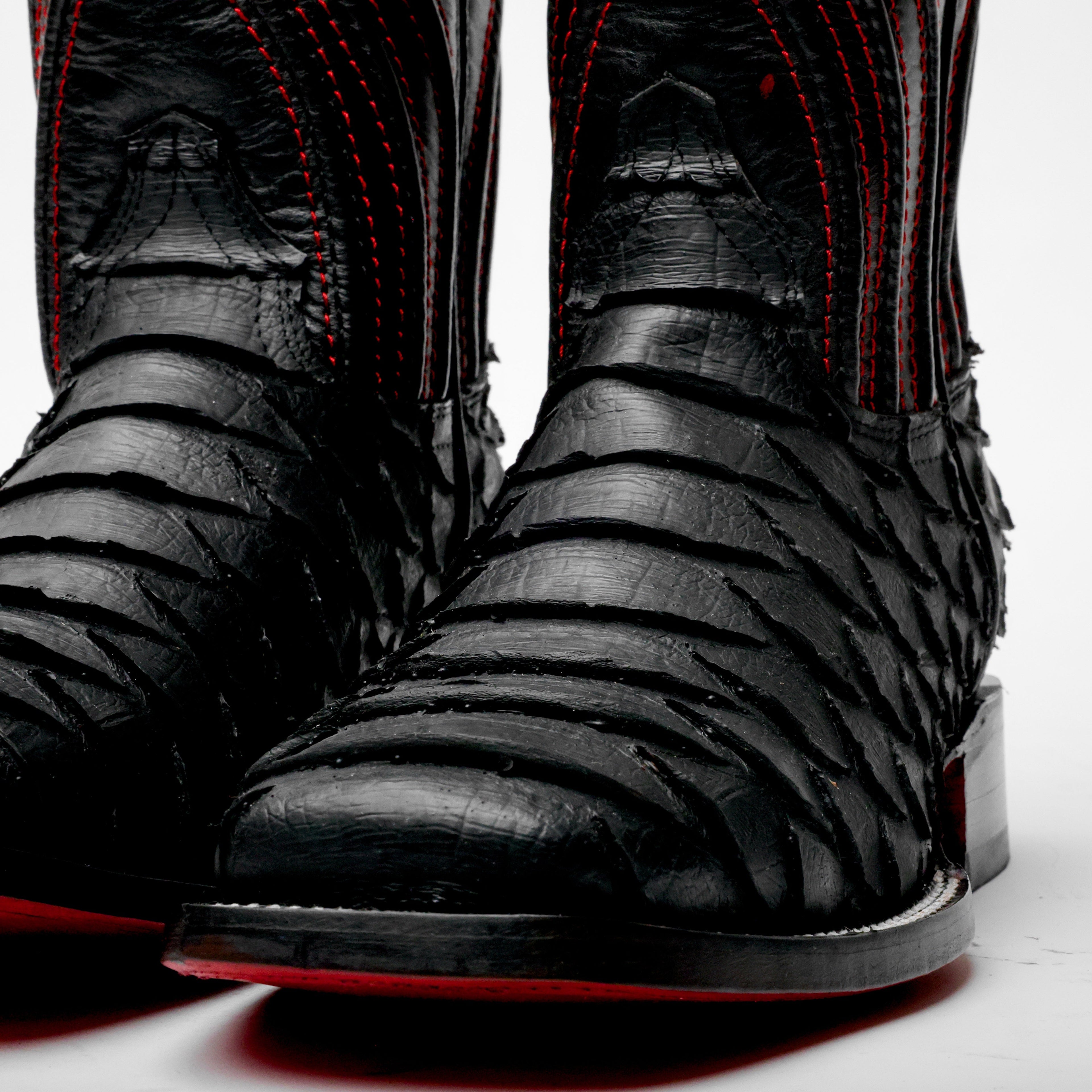 Matte Black Jumbo Python Leather Boots - Square Toe