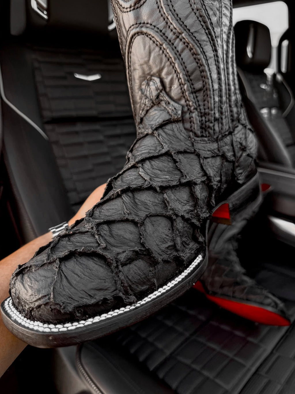 Matte Black Jumbo Pirarucu Leather Boots - Square Toe