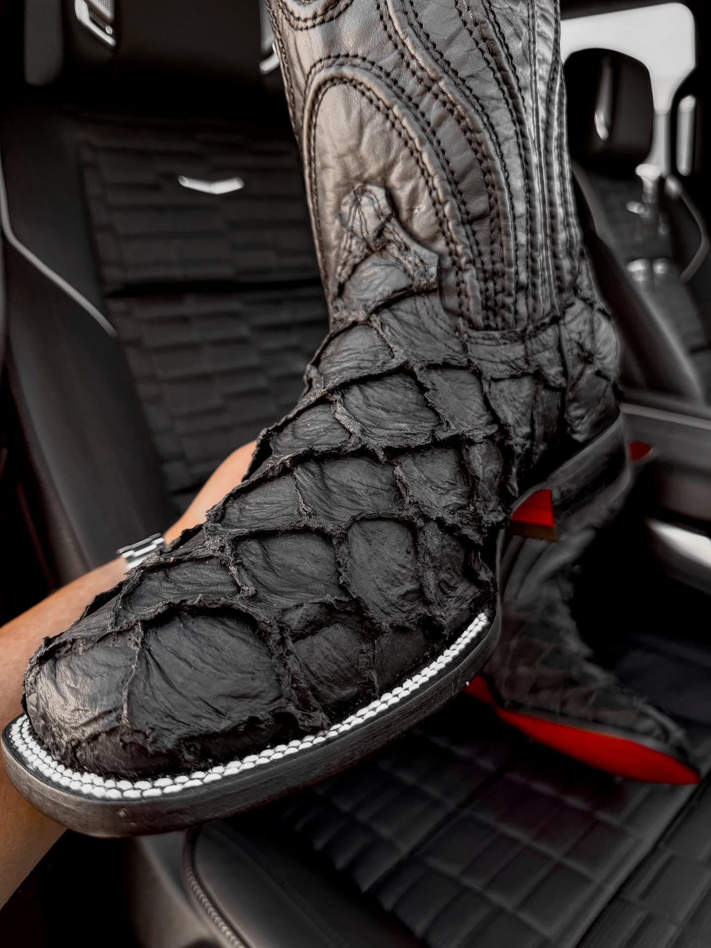 Matte Black Jumbo Pirarucu Leather Boots - Square Toe