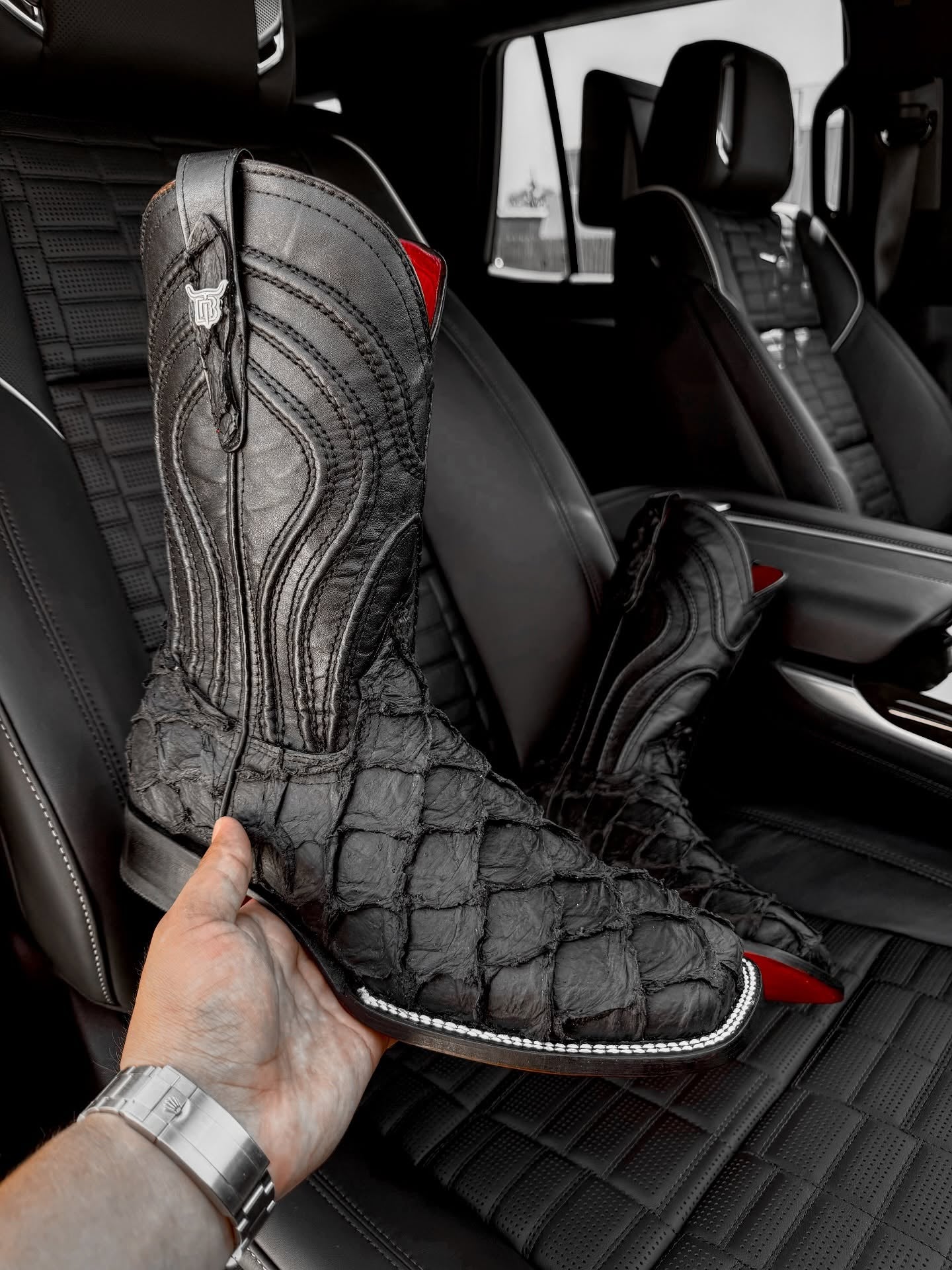 Matte Black Jumbo Pirarucu Leather Boots - Square Toe