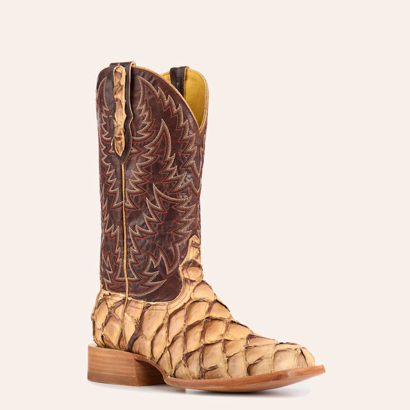 Men’s Brass and Caramel Pirarucu Wide Square Toe Exotic Cowboy Boots